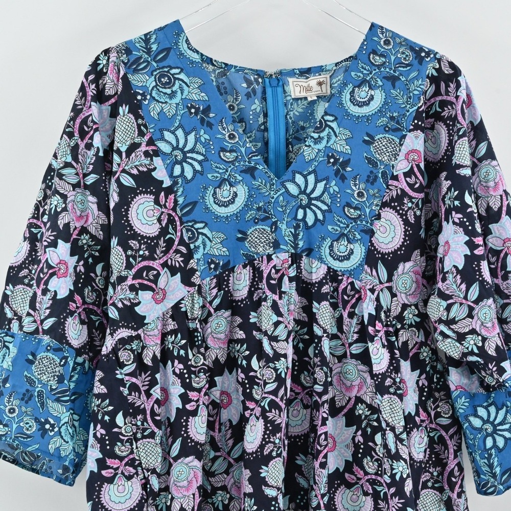 Millie Resort Travel Floral Dress Size L Blue Paisley Bohemian Cotton India Boho - Picture 9 of 13